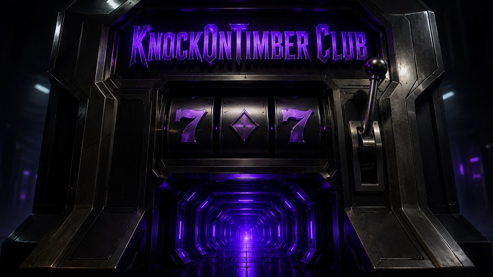 A dark cinematic KnockOnTimber machine with three still reels and a handle.
